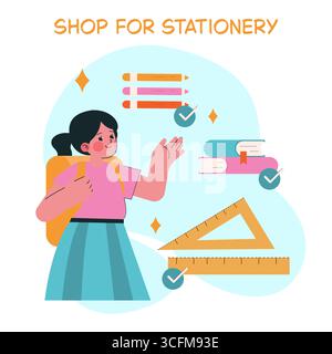 Vektor-Illustration eines Mädchens, das Schreibwaren mit überprüften Symbolen wählt. Enthält Bleistifte, Bücher und ein Lineal. Perfekt für Lerninhalte oder Schulanfänger. Stock Vektor