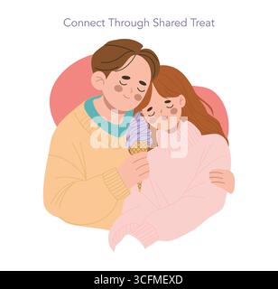 Vektor-Illustration eines Paares, das Eis teilt und Zuneigung und Wärme zeigt. Das Bild fängt einen zärtlichen Moment zwischen zwei Personen ein, die gemeinsam Zeit genießen, in gemütlicher Kleidung gewickelt. Stock Vektor