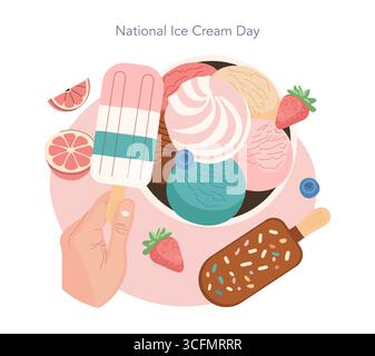 Bunte Vektor-Illustration des National Ice Cream Day mit einer Vielzahl von Eislöffeln und Eis. Eine Hand greift nach einem gestreiften Eis, umgeben von Fruchtscheiben und Streuseln. Stock Vektor