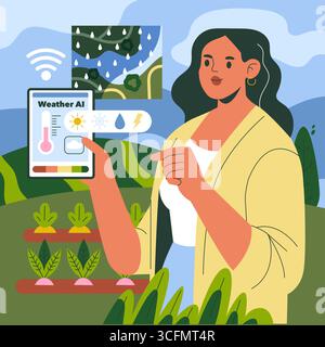 Frau in einem Garten mit einem Tablet mit Wetter-KI, umgeben von Pflanzen und Technologiesymbolen. Die Abbildung zeigt moderne landwirtschaftliche Techniken und digitale Landwirtschaft. Stock Vektor