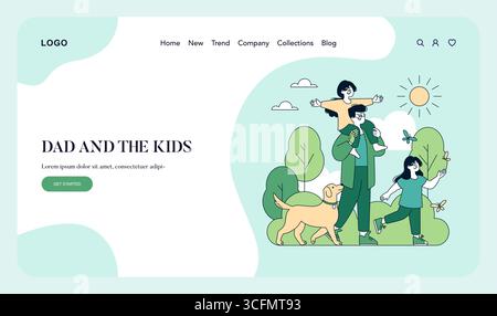 Ein fröhlicher Tag mit Vater und Kindern, der die Natur genießt, mit einem Hund in einem stilvollen Park spielt und Spaß und Zweisamkeit für die ganze Familie einfängt. Vektorabbildung. Stock Vektor