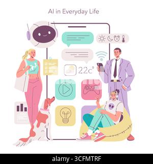 Vektorillustration, die KI-Technologie im Alltag mit Menschen darstellt, die über verschiedene Geräte interagieren. Icons und KI-Elemente betonen moderne Technologie und digitalen Lebensstil. Stock Vektor