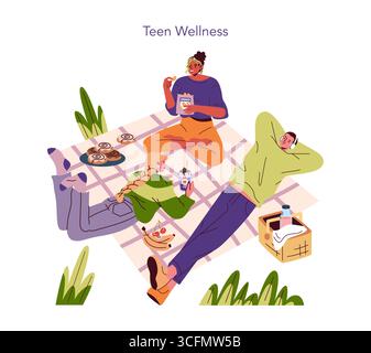 Vektor-Illustration von drei Teenagern, die ein Picknick im Freien genießen, umgeben von Snacks. Sie entspannen sich auf einer karierten Decke und zeigen eine Mischung aus Freude und Ruhe, während sie Zeit miteinander verbringen. Stock Vektor