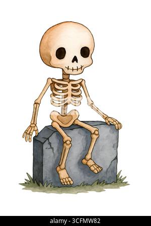 Niedliche Halloween Skelett Illustration, Spooky Kawaii Skelett Charakter Clipart Stockfoto
