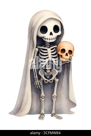 Niedliche Halloween Skelett Illustration, Spooky Kawaii Skelett Charakter Clipart Stockfoto