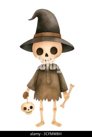 Niedliche Halloween Skelett Illustration, Spooky Kawaii Skelett Charakter Clipart Stockfoto