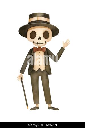 Niedliche Halloween Skelett Illustration, Spooky Kawaii Skelett Charakter Clipart Stockfoto