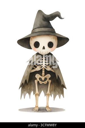 Niedliche Halloween Skelett Illustration, Spooky Kawaii Skelett Charakter Clipart Stockfoto