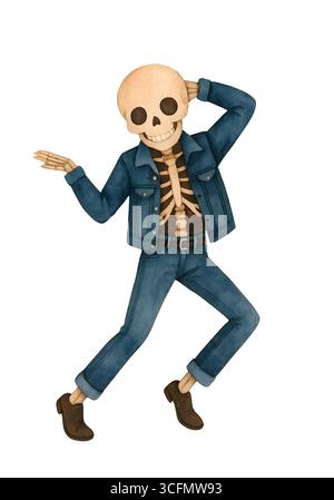 Niedliche Halloween Skelett Illustration, Spooky Kawaii Skelett Charakter Clipart Stockfoto