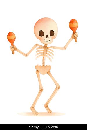 Niedliche Halloween Skelett Illustration, Spooky Kawaii Skelett Charakter Clipart Stockfoto