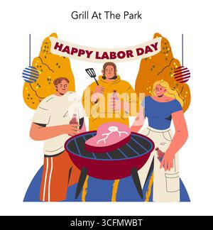 Happy Labor Day Illustration mit Freunden, die ein Barbecue in einem Park unter festlicher Dekoration genießen. Stock Vektor