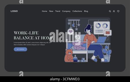 Vektorillustration eines Elternteils, der mit einem Baby an einem Laptop neben einem Kinderbett arbeitet. Die Szene zeigt die Herausforderung, Arbeitsaufgaben zu verwalten und gleichzeitig ein Kind zu Hause zu betreuen. Stock Vektor