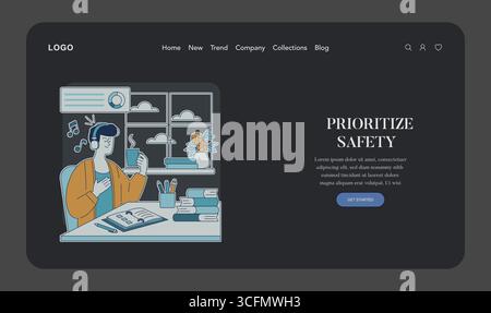 Die Vektor-Illustration zeigt eine Person, die Kopfhörer trägt und sich in einem gemütlichen Arbeitszimmer mit einer Kaffeetasse und einem offenen Buch entspannt. Musikalische Notizen deuten darauf hin, dass sie Musik genießen. Stock Vektor