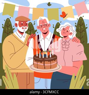 Drei ältere Freunde feiern fröhlich einen Geburtstag im Freien und halten einen Kuchen mit Kerzen. Die Vektor-Illustration fängt ihr Glück ein, umgeben von festlichen Bannern. Stock Vektor