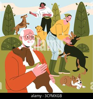 Vektor-Illustration von Menschen, die fröhliche Momente mit Hunden in einem Park verbringen. Die Menschen interagieren, indem sie mit verschiedenen Rassen streicheln und spielen, was die Gemeinschaft und Entspannung widerspiegelt. Stock Vektor