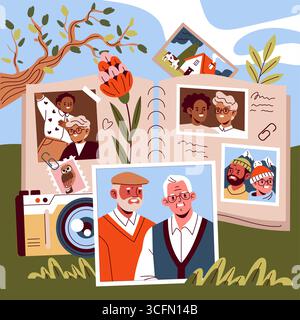 Familie Fotoalbum Vektor Illustration mit verschiedenen Fotos und Kamera auf einer grasbewachsenen Landschaft. Das offene Album zeigt glückliche und nostalgische Momente, die in verschiedenen Bildern aufgenommen wurden. Stock Vektor