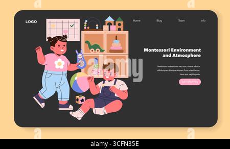 Illustration von zwei Kindern, die fröhlich in einer Montessori-Umgebung spielen, mit lehrreichigem Spielzeug und lächelnden Gesichtern. Die Szene fängt eine lebendige und verspielte Atmosphäre ein. Stock Vektor