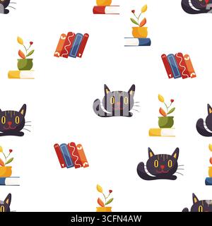Nahtloses Muster mit Katze und Büchern auf weiß Stock Vektor