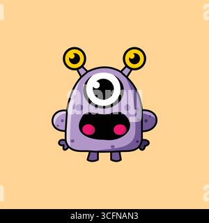 Niedlicher lila Monster Cartoon Vektor in lila, tropisch rosa, weiß, gelb und schwarz auf weichem orange Hintergrund Stock Vektor