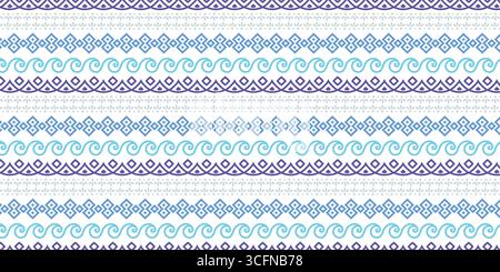Abstraktes digitales Muster mit sich wiederholenden geometrischen Wellen und Chevron-Motiven in pastellfarbenen Blau-Grün- und Lila-Tönen Stock Vektor
