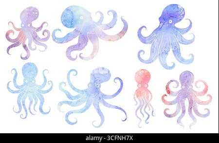 Vektorsatz von Aquarell-Kraken-Silhouetten isoliert vom Hintergrund. Sammlung von bunten Monster Clips mit Tentakeln für Ikonen, Aufkleber und Stock Vektor