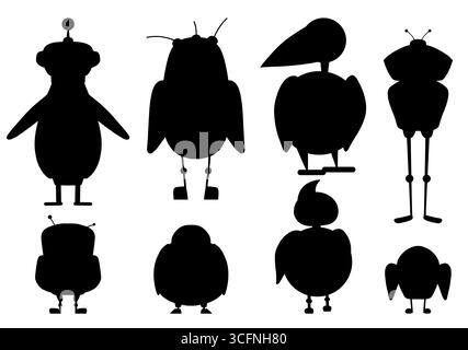 Vektorsatz von schwarzen Schatten-Cartoon-Robotervögeln. Sammlung von Silhouetten von ClipArt Automaten für Vögel. Zukünftige Haustiere. Bilder für Aufkleber, Spiele Stock Vektor