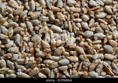 Kozinaki aus Sonnenblumenkernen und Nüssen in einem Zuckersirup als Lebensmittelhintergrund oder -Textur, Nahaufnahme, Draufsicht Stockfoto
