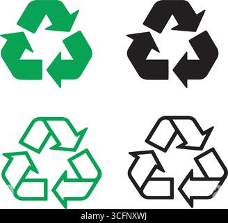 Vektorsymbole für Universal Recycling-Symbole: Grün, schwarz, durchgehend und Kontur Stock Vektor