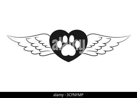 Herz mit Tierpfotenmuster, verziert mit Flügeln. Tiergedächtnis und Liebesemblem. Engel PET. Vektorabbildung Stock Vektor