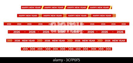 Happy New Year 2026 Tape-Set In Festlichem Rot, Silvesterborten, Dekorativen Streifen Und Chevrons. Perfekt Für Weihnachtsverpackungen, Geschenkverpackungen, Digital Stock Vektor