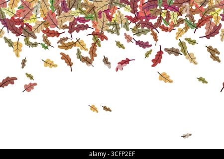 Farbenfrohe Eichenblätter fallen sanft nach unten und bilden eine wunderschöne und nahtlose Herbstgrenze vor einem sauberen weißen Hintergrund, ideal für saisonale Desi Stock Vektor