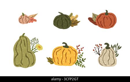 Bunte Kürbisse in verschiedenen Formen, verziert mit leuchtenden Herbstblättern, zarten Blumen und hellen Beeren, schaffen ein charmantes und festliches Arrangement Stock Vektor