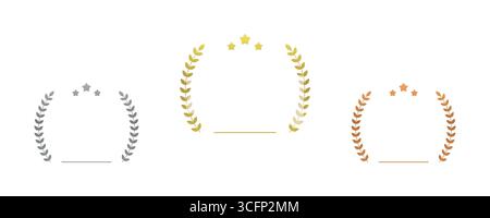 Drei Lorbeerkränze in Gold, Silber und Bronze, die mit drei Sternen über einer horizontalen Linie verziert sind, schaffen ein elegantes und anpassbares Preisdesign Stock Vektor