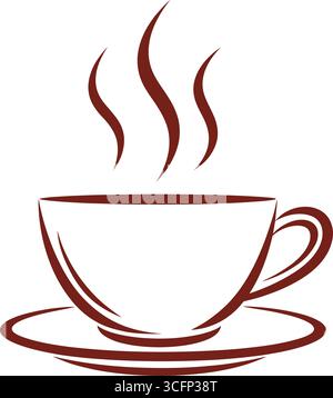 Eine einfache und elegante Illustration einer Kaffeetasse auf einer Untertasse, gezeichnet mit klaren, dunkelbraunen Linien. Über dem Becher stehen drei wellenförmige Linien für ri Stock Vektor