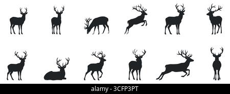 Set von Silhouetten von weihnachtshirschen auf weißem Hintergrund. Stock Vektor