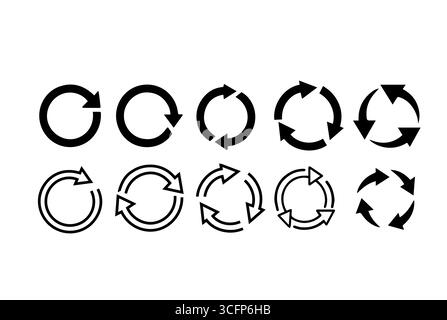 Kreispfeil-Symbolgruppe mit Aktualisierung, Rotation, Neuladen, Wiederholen der Vektorillustration isoliert auf weiß Stock Vektor