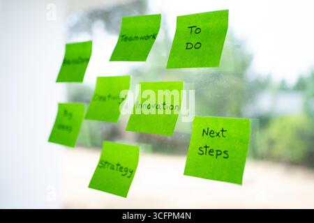 Grüne Haftnotizen auf einer Glasoberfläche, die Wörter wie Teamwork, Innovation und Strategie darstellen und Planung und Brainstorming symbolisieren Stockfoto