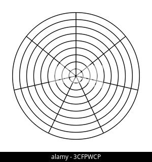 Polares Raster aus 7 Segmenten und 8 konzentrischen Kreisen. Leeres Polar Graph-Papier. Coaching-Tool für alle Lebensbereiche. Schwarzes Kreisdiagramm der Lebensbilanz Stock Vektor