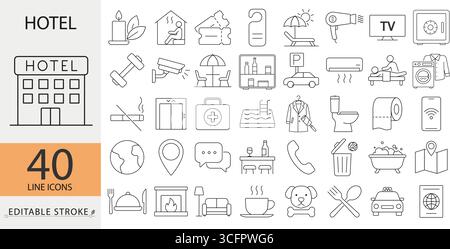 Hotelsymbole mit bearbeitbarer Kontur. Vektorumrisse Sammlung von 40 Symbolen einschließlich Gebäude, wifi, Minibar, Pool, Lounge, Terrasse, Haustiere erlaubt Stock Vektor
