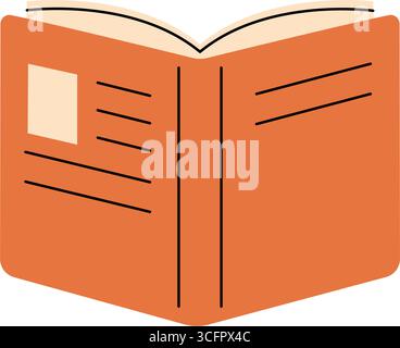 Vektorillustration eines offenen Buches mit orangefarbenem Umschlag. Stilisierte Vorderansicht mit Deckellinien und Etikett Stock Vektor