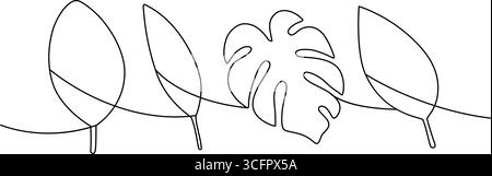 Minimalistische, durchgehende Linienzeichnung mit verschiedenen tropischen Blättern. Elegante botanische Konturkunst für modernes Design und Dekor Stock Vektor