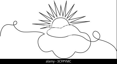 Durchgehende einzeilige Sonne und Wolken, Sonne hinter Wolken einfache Zeichnungen in einer Linienzeichnung, Vektorillustration Stock Vektor