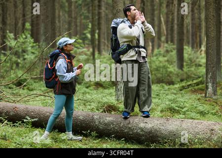 Junger Erwachsener kaukasischer Mann, der auf umgestürzten Bäumen steht und schreien, während junge Erwachsene Schwarze Frau mit Rucksack ihn im Wald beobachtet, beide tragen Wanderausrüstung und erkunden die Waldlandschaft Stockfoto