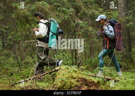 Junger kaukasischer Mann und junge kaukasische Frau wandern durch dichten Wald mit Rucksäcken und gerollten Schlafmatten, durch unebenes Gelände umgeben von grünen Bäumen und Moos Stockfoto