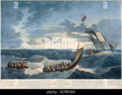 Die Situation auf dem Paket seiner Majestät die Lady Hobart 28. Juni 1803, handkoloriertes Aquatint 19. Jahrhundert Bild von Joseph Jeakes nach John Thomas Serres Kunst Kunstwerk historische Perspektive Vintage Antiquitätendruck kommerzielle Passagiere, abgehackte Gewässer Meer, Schiffswracks Überlebende. Eine dramatische Seeszene zeigt zwei kleine Boote voller Menschen, die gegen turbulente Wellen kämpfen, während ein größeres, verstörtes Schiff im Hintergrund auftaucht. Der Himmel ist eine Mischung aus wirbelnden dunklen Wolken, die die Spannung und die Gefahr der Situation widerspiegeln. Stockfoto
