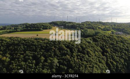 Drohnenblick auf die sanfte Landschaft mit dichtem Wald, offenen Feldern, verstreuten Häusern und Windturbinen unter bewölktem Sommerhimmel Stockfoto