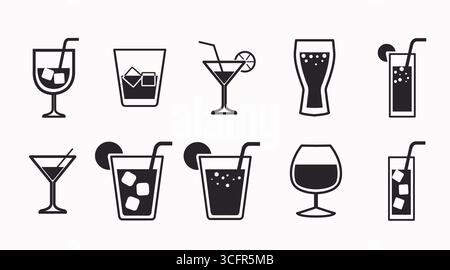 Getränke-Symbol-Set. Vektor-isolierte editierbare Rückseite und weißes Set verschiedener Getränke in verschiedenen Gläsern Stock Vektor