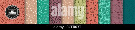 Sammlung von bunten geometrischen, nahtlosen Vektormustern mit Formen und Symbolen. Wiederkehrende ungewöhnliche, trendige Hintergründe im modischen Retro-Stil der 80-90er Jahre Stock Vektor