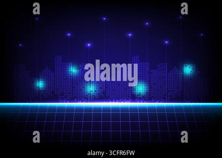 Abstrakte Stadtlandschaft mit leuchtendem Neonraster und Pixellichtern, symbolisiert Technologie, Innovation und intelligente Stadtkonzepte, Vektorillustration Stock Vektor