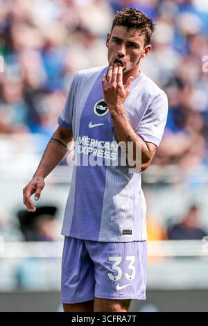 Liverpool, Großbritannien. August 2025. Matt O'Riley von Brighton & Hove Albion reagiert während des Premier League Matches Everton gegen Brighton und Hove Albion im Hill Dickinson Stadium, Liverpool, Großbritannien, 24. August 2025 (Foto: Mark Cosgrove/News Images) Credit: News Images LTD/Alamy Live News Stockfoto